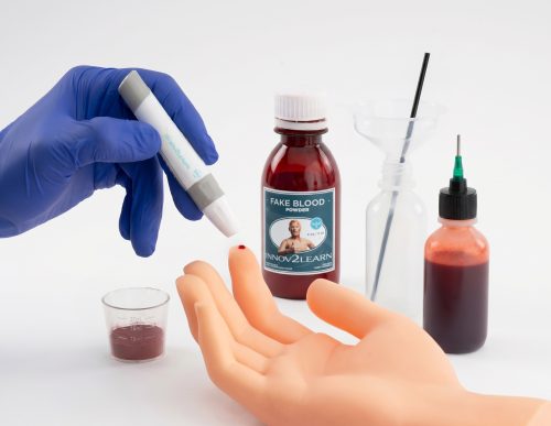 HemoTouch Kit simulated blood lancing device for realistic healthcare simulation training with SPs and manikins