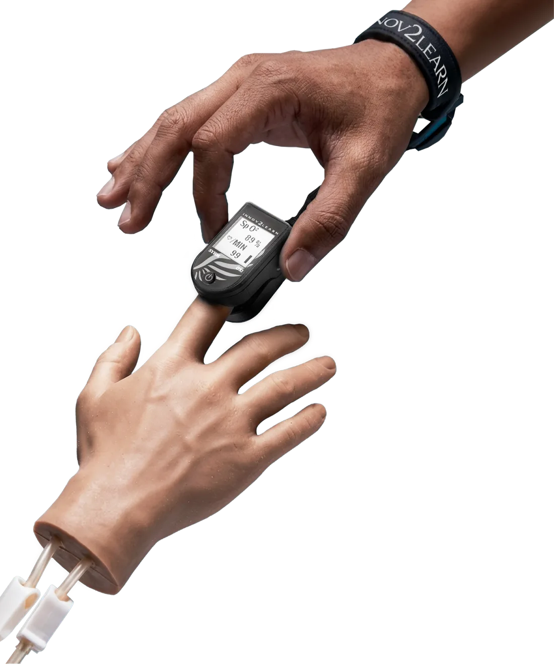 A hand placing an Innov2Learn pulse oximeter on a patient's finger